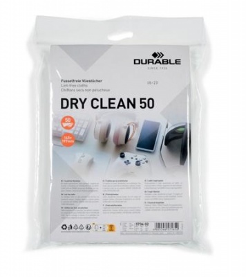 Čistiace utierky na monitory, 50 ks, DURABLE "DRY CLEAN 50", biela