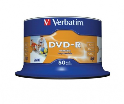 DVD-R disk, potlačiteľný, matný, no-ID, 4,7GB, 16x, cake box, VERBATIM
