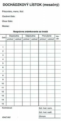 Dochádzkový lístok mesačný - kartón